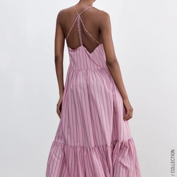💗SALE💗 Zara Pink Striped Strappy Maxi Poplin Dress - Picture 12 of 17